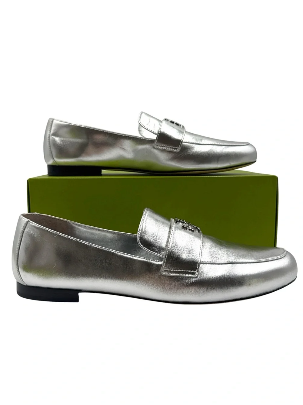 Tory Burch Silver Metallic Mini Everly Leather Loafer Flats Size 10.5